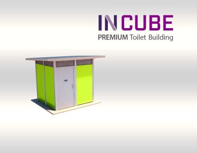 Incube modern toilet building us available in a range of material colour finished.